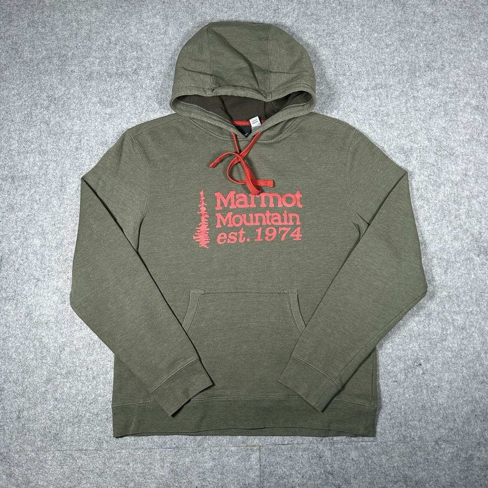 Marmot Pullover Hoodie Men's Size Medium‎ Army Green Marmot Mountain Drawstring